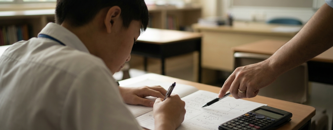 Secondary 4 student working through O-Level Additional Maths calculus problems in a small Singapore tuition class