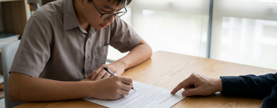 Secondary student practising O-Level English summary writing at a small-group Singapore tuition class